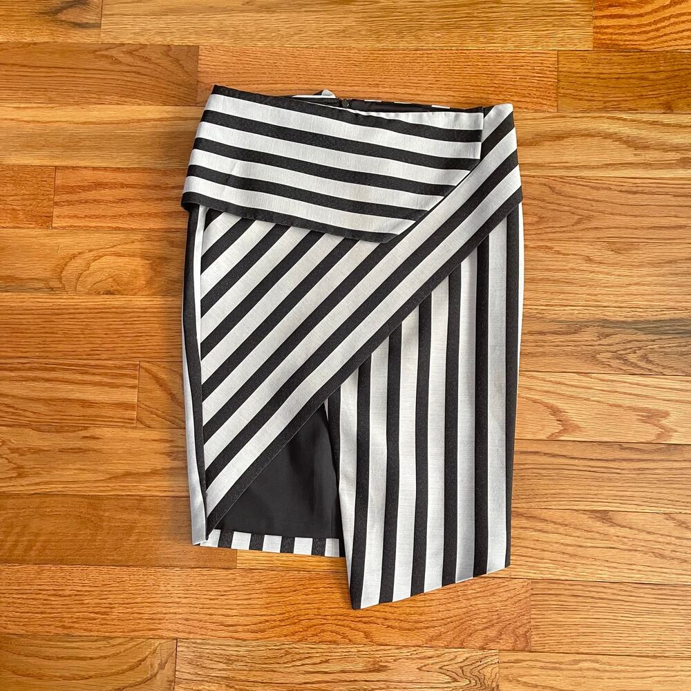 Mason by Michelle Mason Asymmetrical Skirt 2 Black Taupe Striped Maximalist